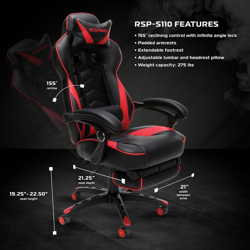 RESPAWN S110 Racing Style Gaming Chair, Reclining Ergonomic Chair with Footrest, Choose a Color (RSP-S110)