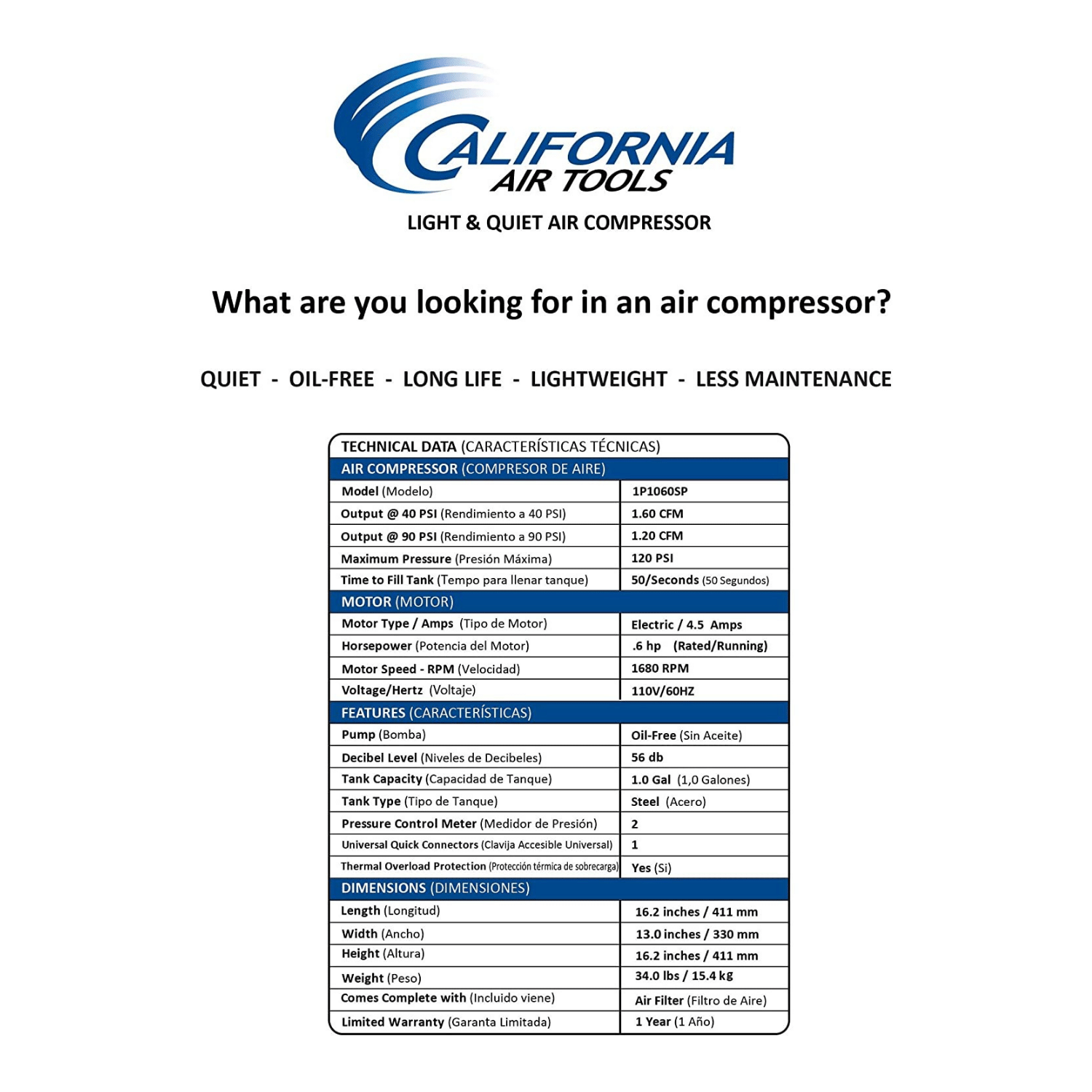 California Air Tools CAT-1P1060SP GAL 56DB Air Compressor