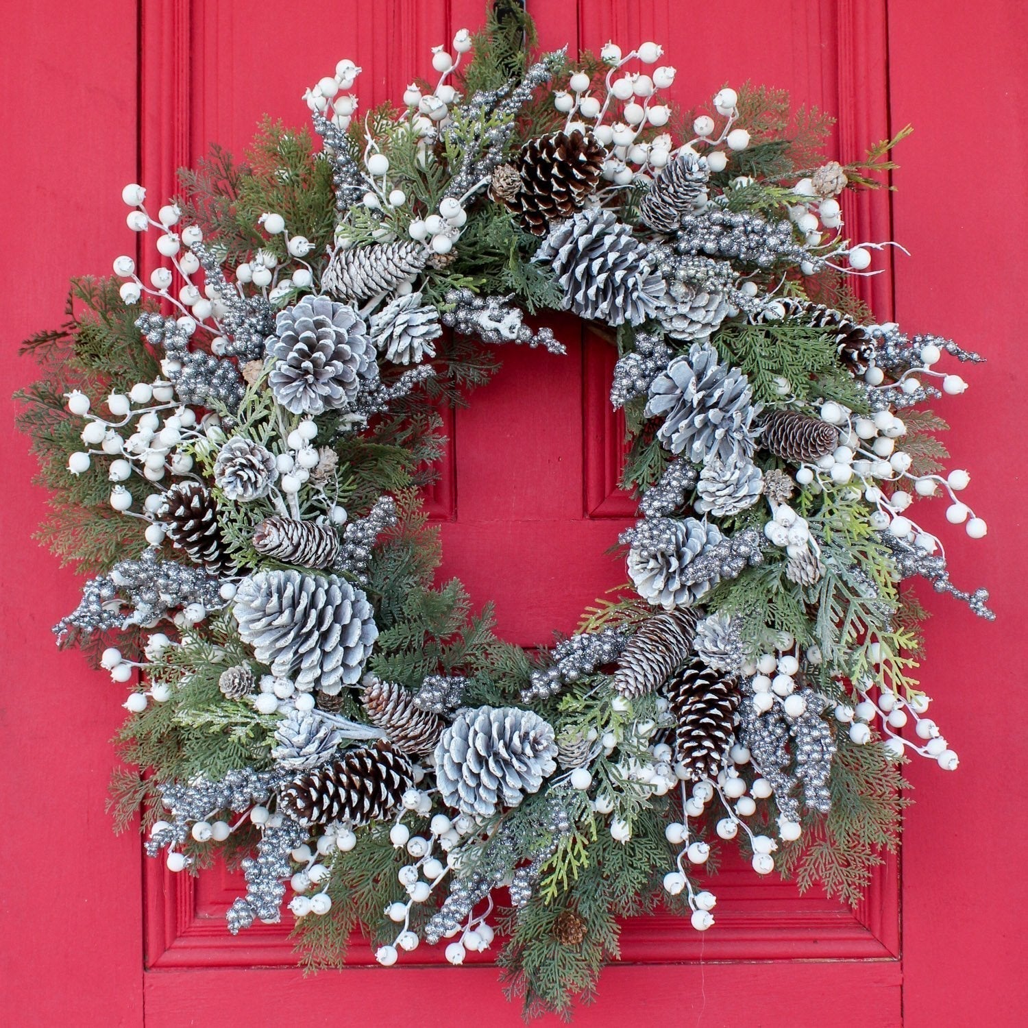 Frosted Pinecone, Berry and Cedar Front Door Winter Christmas Wreath