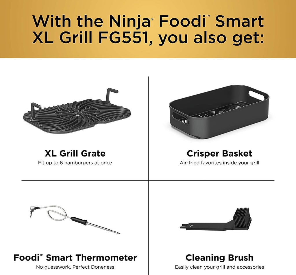 Ninja FG551 Foodi Smart XL 6-in-1 Indoor Grill with 4-Quart Air Fryer Roast Bake Dehydrate Broil