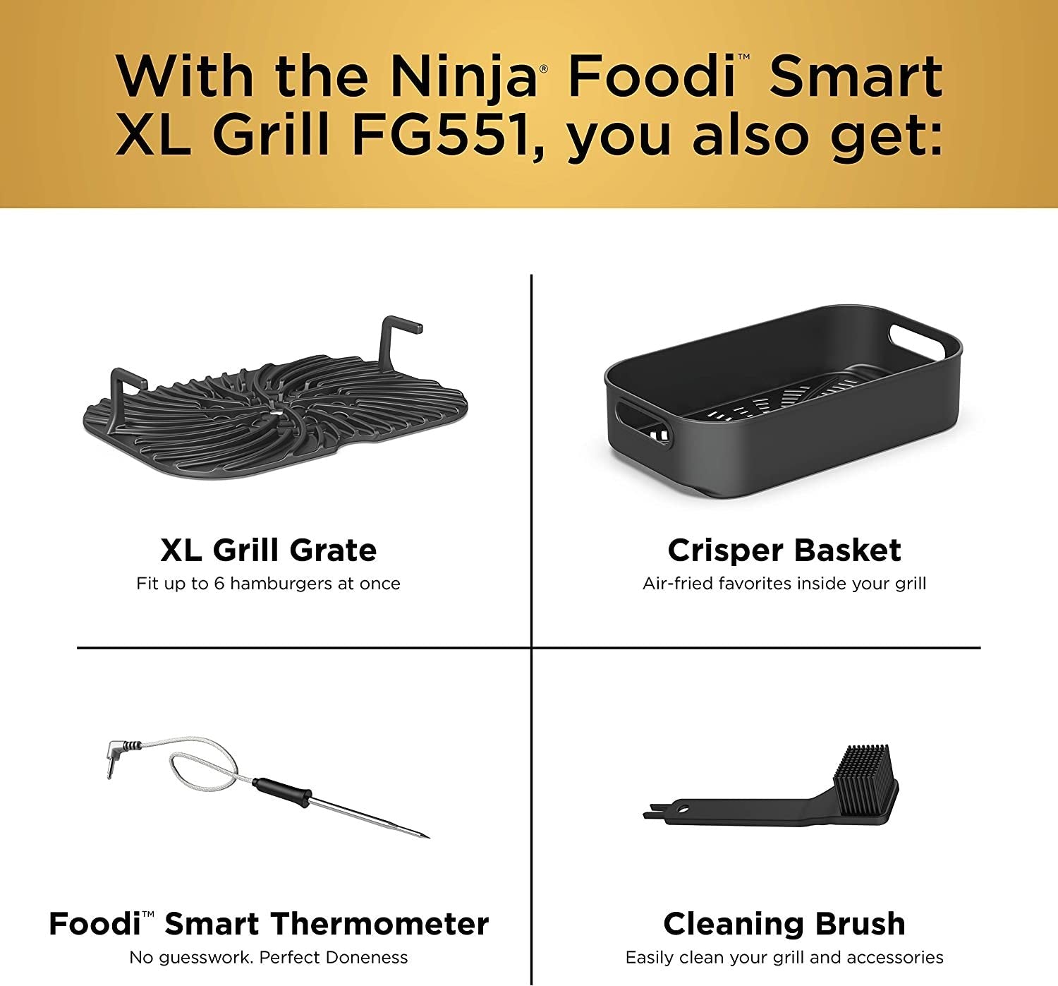 Ninja FG551 Foodi Smart XL 6-in-1 Indoor Grill with 4-Quart Air Fryer Roast Bake Dehydrate Broil