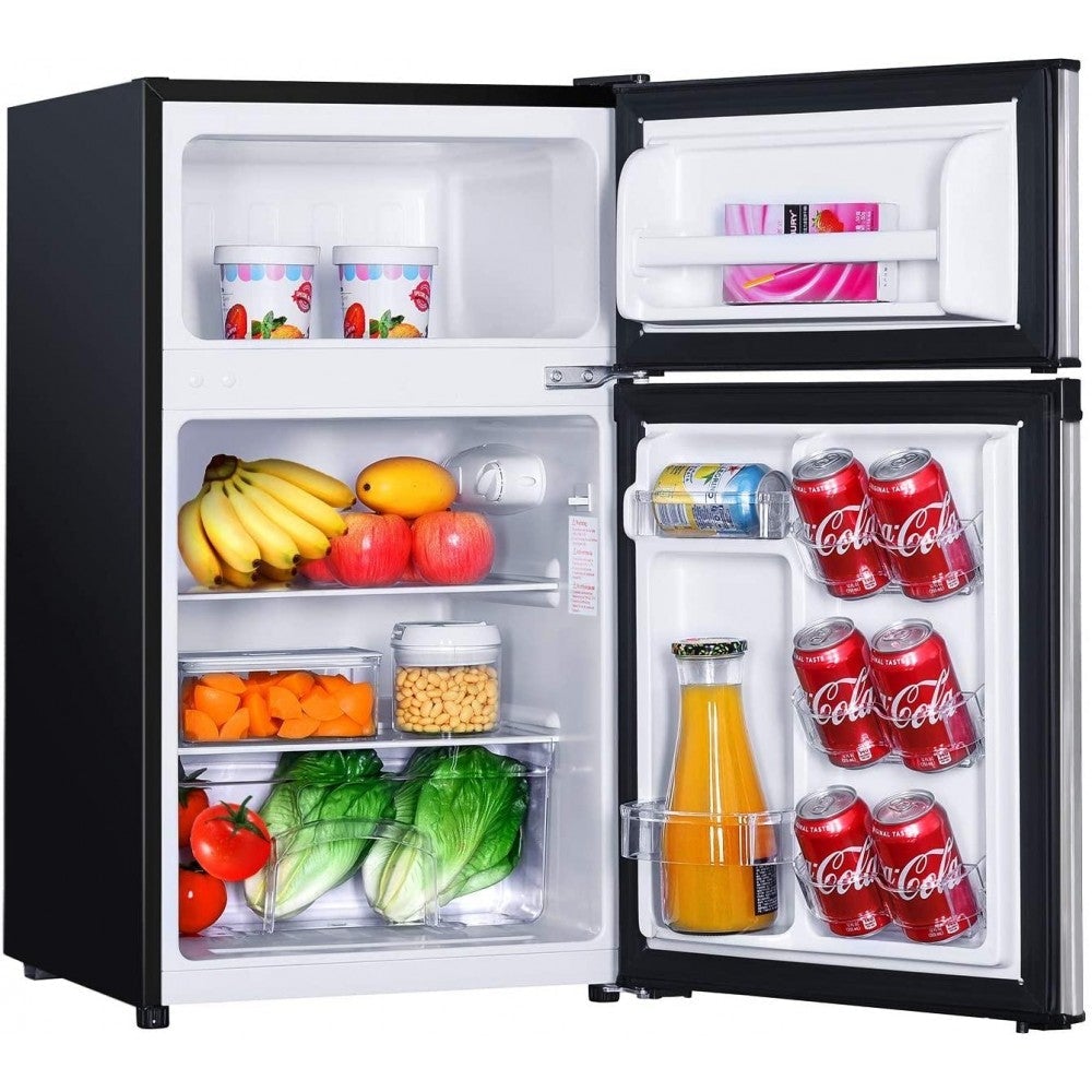 Mini Fridge with Freezer, 3.1 Cu.Ft Small Refrigerator, Compact Refrigerator with LED Light, 2 doors, Mini Fridge for Bedroom, Office, Dorm, RV, Garage, Stainless Steel Sliver -HPVFR310