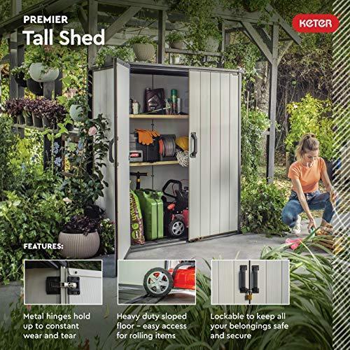 Keter Premier Tall Resin Outdoor Storage Shed with Shelving Brackets for Patio Furniture, Pool Accessories, and Bikes, Grey & Black