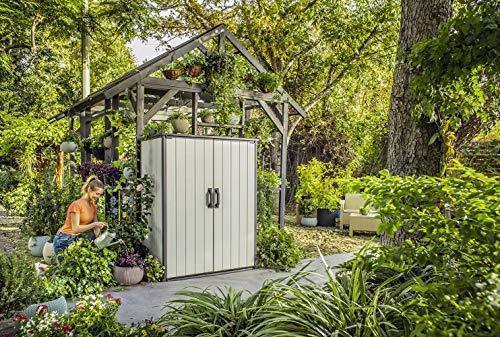 Keter Premier Tall Resin Outdoor Storage Shed with Shelving Brackets for Patio Furniture, Pool Accessories, and Bikes, Grey & Black
