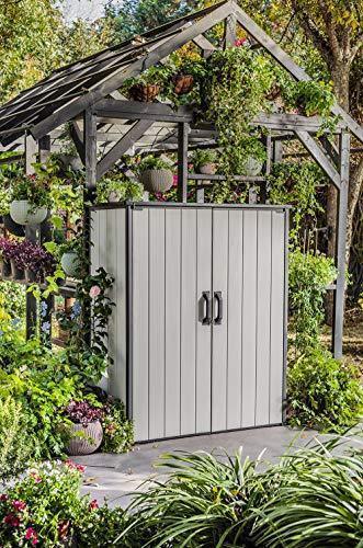 Keter Premier Tall Resin Outdoor Storage Shed with Shelving Brackets for Patio Furniture, Pool Accessories, and Bikes, Grey & Black