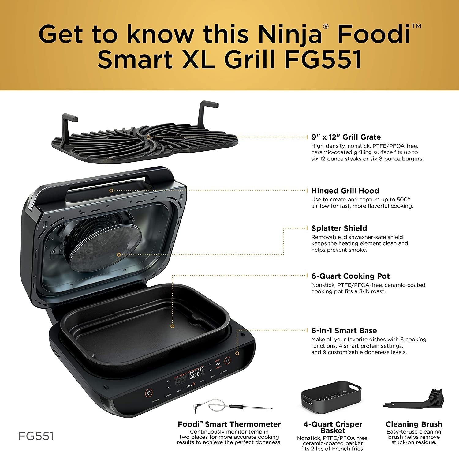 Ninja FG551 Foodi Smart XL 6-in-1 Indoor Grill with 4-Quart Air Fryer Roast Bake Dehydrate Broil