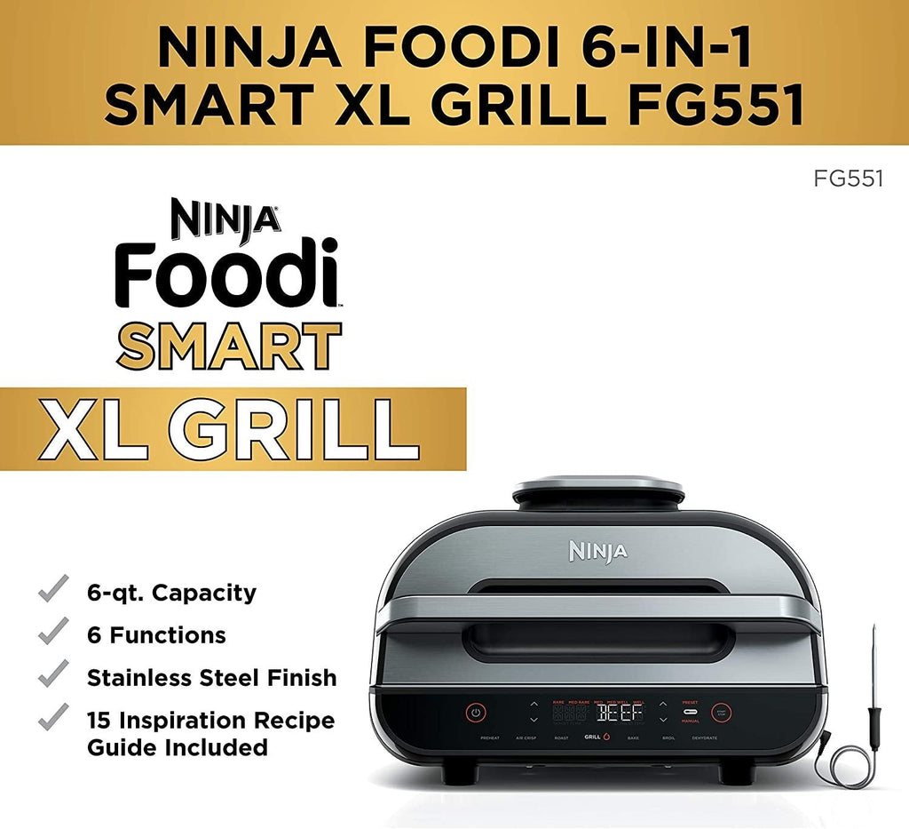 Ninja FG551 Foodi Smart XL 6-in-1 Indoor Grill with 4-Quart Air Fryer Roast Bake Dehydrate Broil