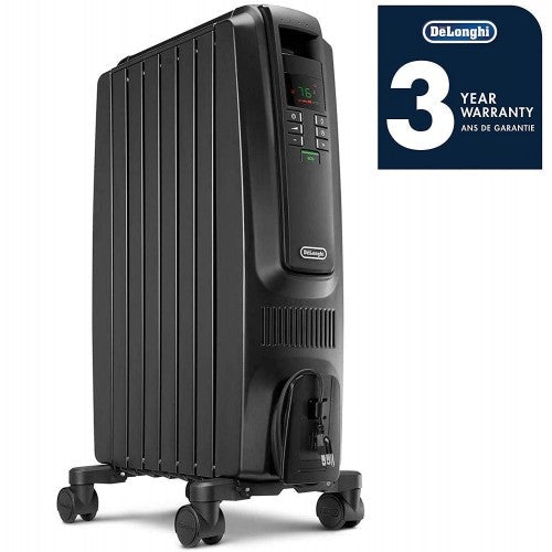 DeLonghi Oil-Filled Radiator Space Heater, Quiet 1500W, Adjustable Thermostat, 3 Heat Settings, Timer, Energy Saving, Safety Features, Nice for Home with Pets/Kids, Black