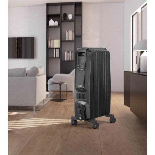 DeLonghi Oil-Filled Radiator Space Heater, Quiet 1500W, Adjustable Thermostat, 3 Heat Settings, Timer, Energy Saving, Safety Features, Nice for Home with Pets/Kids, Black
