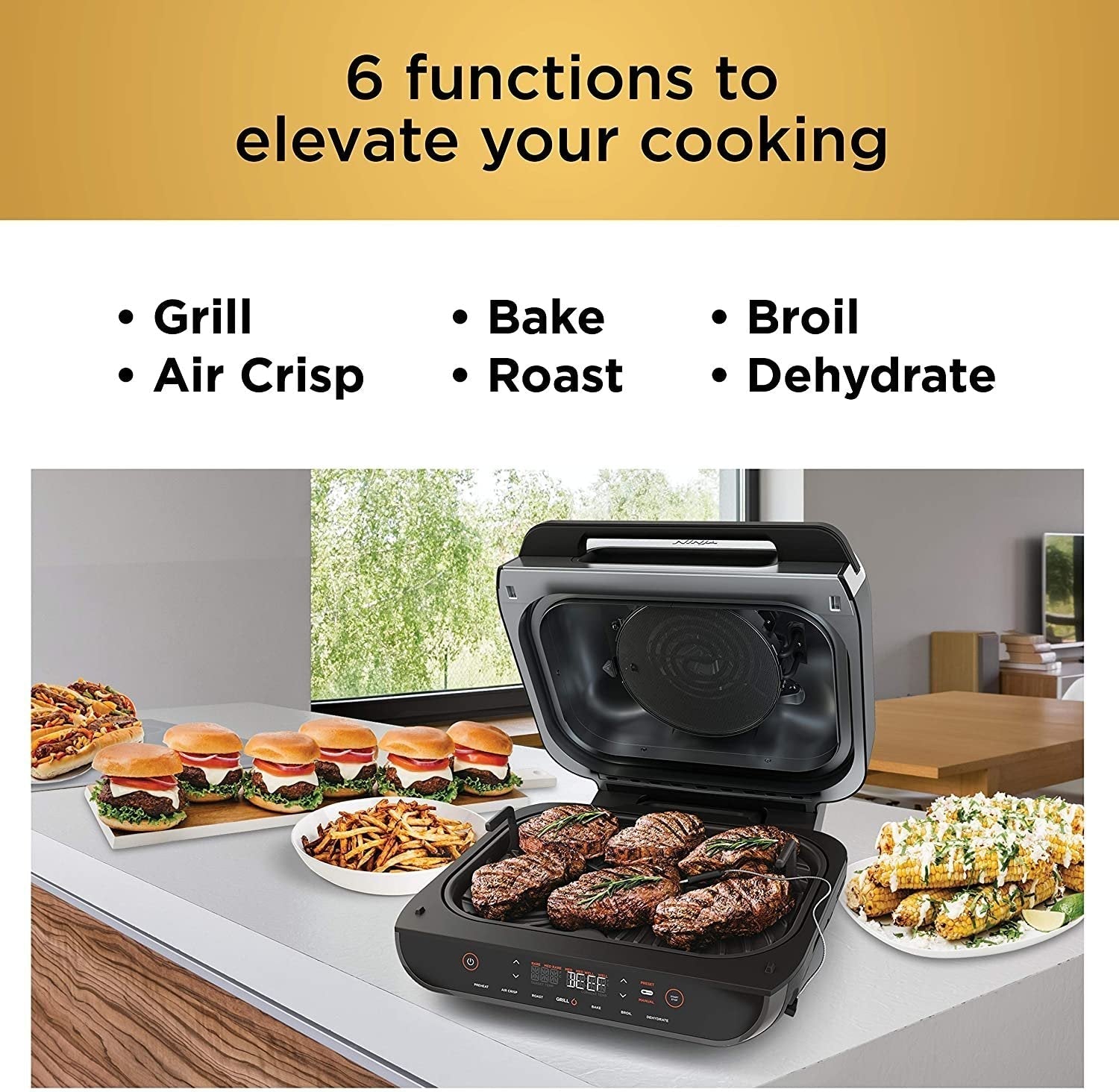 Ninja FG551 Foodi Smart XL 6-in-1 Indoor Grill with 4-Quart Air Fryer Roast Bake Dehydrate Broil