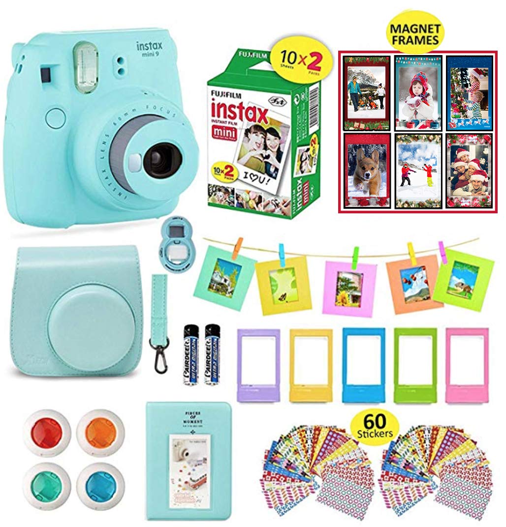 Fujifilm Instax Mini 9 Camera Bundle (Ice Blue) + Instant Camera Film 20 Sheets + Instax Case + Instax Camera Accessories Bundle, Albums, 4 Color Lenses, Selfie Lens, 6 Magnet Frames + 60 Stickers